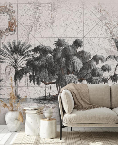 Sfondo crema chiaro con alberi della giungla africana nera centrale con carta da parati con linee di mappa sbiadite