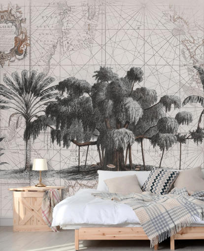 Hellcremefarbener Hintergrund mit zentralschwarzen afrikanischen Dschungelbäumen mit verblasster Kartenlinientapete