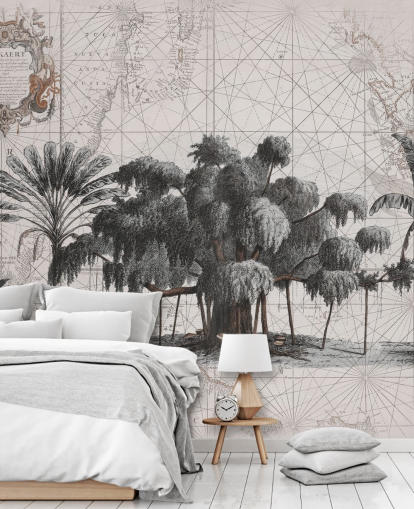 Light cream background with central black african jungle trees with faded map lines wallpaper