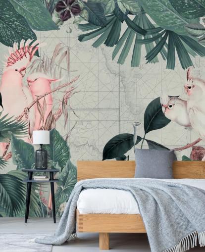 Fundo cinza claro cercado por folhas tropicais verde-azulado e papel de parede de pássaros cacatuas branco e rosa corado Fundo cinza claro cercado por folhas tropicais verde-azulado e papel de parede de pássaros cacatuas branco e rosa corado