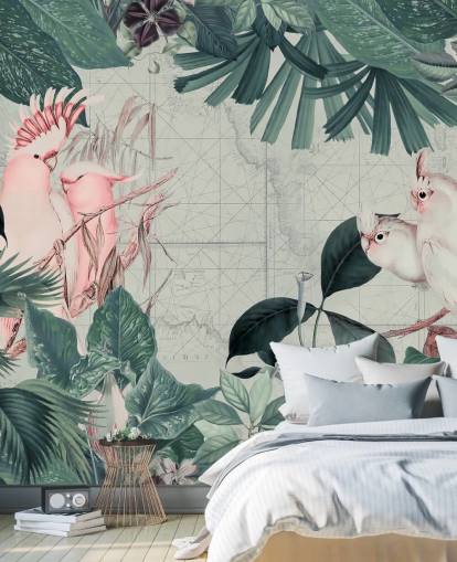 Sfondo grigio chiaro circondato da foglie tropicali color verde acqua e carta da parati bianca e rosa cipria con uccelli di cacatua Sfondo grigio chiaro circondato da foglie tropicali color verde acqua e carta da parati bianca e rosa cipria con uccelli di cacatua