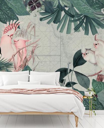 Light grey background surrounded by teal tropical leaves and white and blush pink cockatoo birds wallpaper