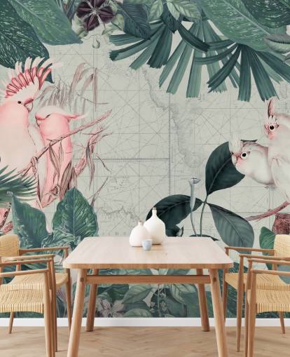 Light gray background surrounded by teal tropical leaves and white and blush pink cockatoo birds wallpaper Light gray background surrounded by teal tropical leaves and white and blush pink cockatoo birds wallpaper