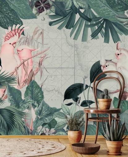 Papel pintado de fondo gris claro rodeado de hojas tropicales de color verde azulado y pájaros cacatúas en blanco y rosa rubor