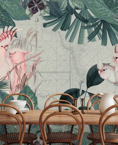 Fundo cinza claro cercado por folhas tropicais verde-azulado e papel de parede de pássaros cacatuas branco e rosa corado