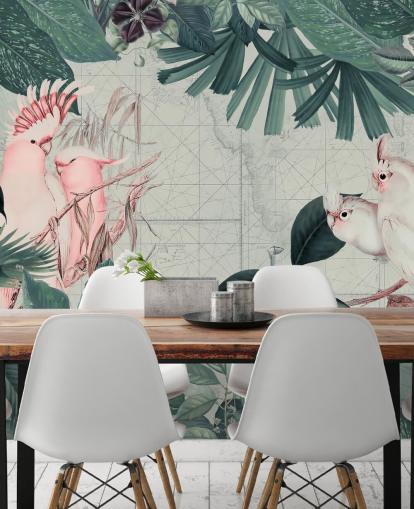 Fundo cinza claro cercado por folhas tropicais verde-azulado e papel de parede de pássaros cacatuas branco e rosa corado