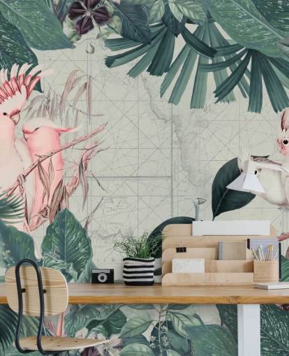 Light grey background surrounded by teal tropical leaves and white and blush pink cockatoo birds wallpaper