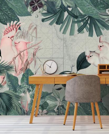 Light grey background surrounded by teal tropical leaves and white and blush pink cockatoo birds wallpaper