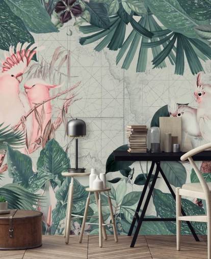 Light grey background surrounded by teal tropical leaves and white and blush pink cockatoo birds wallpaper