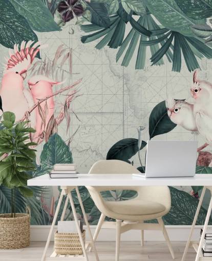 Light gray background surrounded by teal tropical leaves and white and blush pink cockatoo birds wallpaper