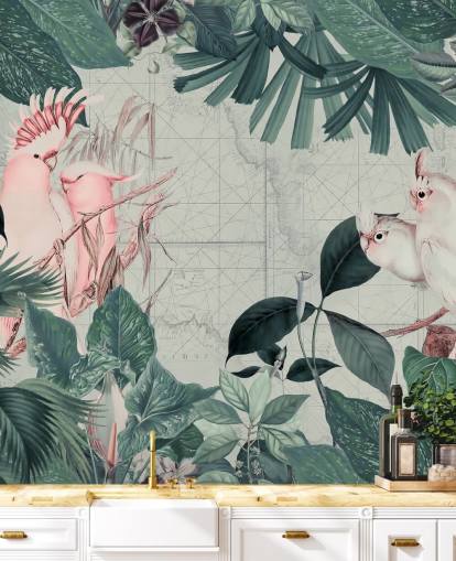 Light grey background surrounded by teal tropical leaves and white and blush pink cockatoo birds wallpaper