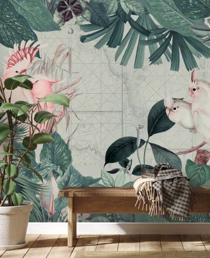 Fundo cinza claro cercado por folhas tropicais verde-azulado e papel de parede de pássaros cacatuas branco e rosa corado