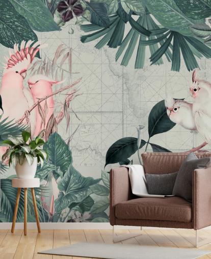 Light gray background surrounded by teal tropical leaves and white and blush pink cockatoo birds wallpaper Light gray background surrounded by teal tropical leaves and white and blush pink cockatoo birds wallpaper