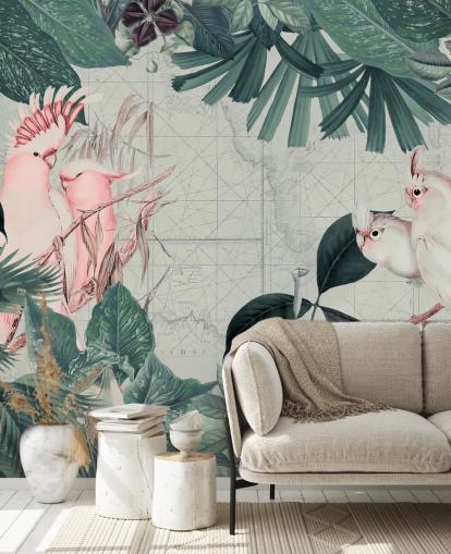 Light gray background surrounded by teal tropical leaves and white and blush pink cockatoo birds wallpaper Light gray background surrounded by teal tropical leaves and white and blush pink cockatoo birds wallpaper