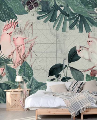 Fond gris clair entouré de feuilles tropicales bleu sarcelle et de papier peint en forme de cacatoès blanc et rose pâle