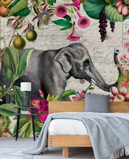 Light gray background with vibrant green tropical leaves and birds with pink flowers and a large gray elephant wallpaper Light gray background with vibrant green tropical leaves and birds with pink flowers and a large gray elephant wallpaper
