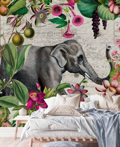 Fondo gris claro con hojas tropicales de color verde vibrante y pájaros con flores rosas y un gran papel pintado de elefantes grises