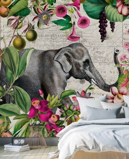 Light gray background with vibrant green tropical leaves and birds with pink flowers and a large gray elephant wallpaper