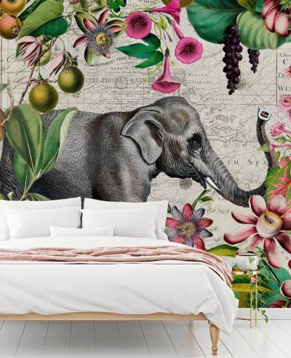 Fondo gris claro con hojas tropicales de color verde vibrante y pájaros con flores rosas y un gran papel pintado de elefantes grises