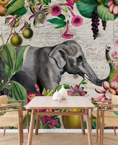 Fundo cinza claro com folhas tropicais verdes vibrantes e pássaros com flores rosa e um grande papel de parede de elefante cinza