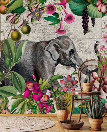 Fondo gris claro con hojas tropicales de color verde vibrante y pájaros con flores rosas y un gran papel pintado de elefantes grises