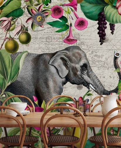 Light gray background with vibrant green tropical leaves and birds with pink flowers and a large gray elephant wallpaper
