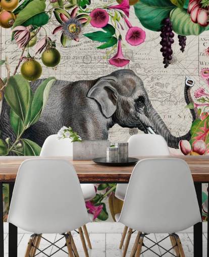 Light gray background with vibrant green tropical leaves and birds with pink flowers and a large gray elephant wallpaper