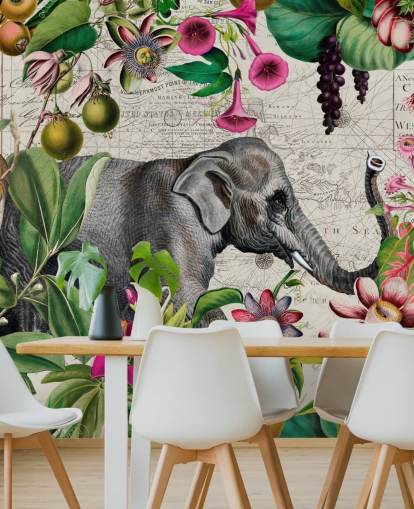 Light gray background with vibrant green tropical leaves and birds with pink flowers and a large gray elephant wallpaper
