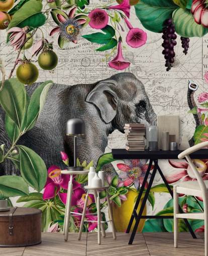 Fondo gris claro con hojas tropicales de color verde vibrante y pájaros con flores rosas y un gran papel pintado de elefantes grises