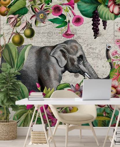 Light gray background with vibrant green tropical leaves and birds with pink flowers and a large gray elephant wallpaper