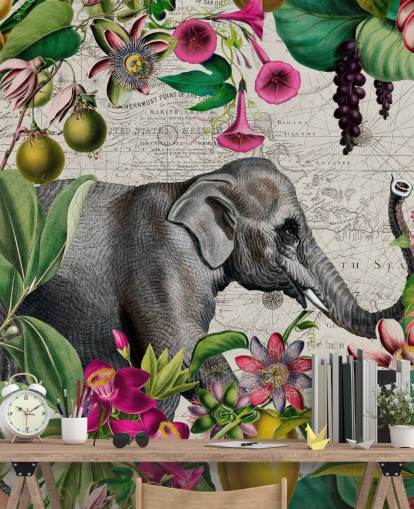 Ljusgrå bakgrund med levande gröna tropiska blad och fåglar med rosa blommor och en stor grå elefant tapet Ljusgrå bakgrund med levande gröna tropiska blad och fåglar med rosa blommor och en stor grå elefant tapet