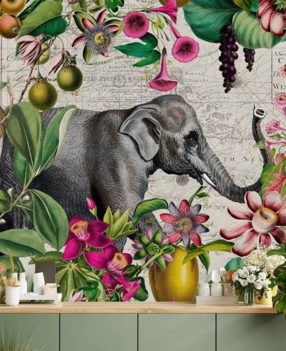 Light gray background with vibrant green tropical leaves and birds with pink flowers and a large gray elephant wallpaper Light gray background with vibrant green tropical leaves and birds with pink flowers and a large gray elephant wallpaper