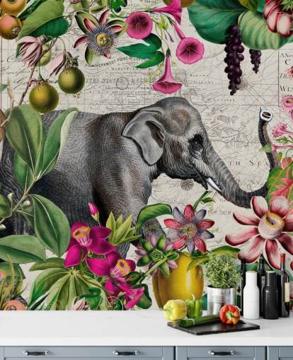 Light gray background with vibrant green tropical leaves and birds with pink flowers and a large gray elephant wallpaper