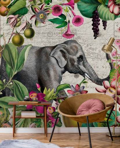 Light gray background with vibrant green tropical leaves and birds with pink flowers and a large gray elephant wallpaper