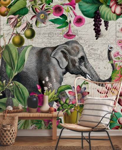 Fond gris clair avec des feuilles tropicales d'un vert éclatant et des oiseaux avec des fleurs roses et un grand papier peint d'éléphant gris