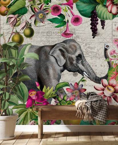 Light grey background with vibrant green tropical leaves and birds with pink flowers and a large grey elephant wallpaper