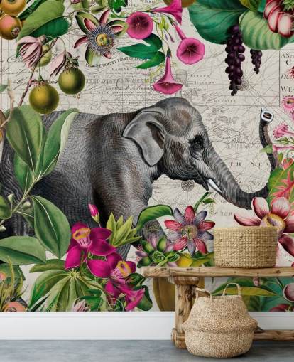 Light gray background with vibrant green tropical leaves and birds with pink flowers and a large gray elephant wallpaper