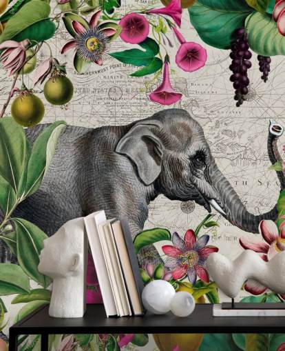 Light gray background with vibrant green tropical leaves and birds with pink flowers and a large gray elephant wallpaper Light gray background with vibrant green tropical leaves and birds with pink flowers and a large gray elephant wallpaper