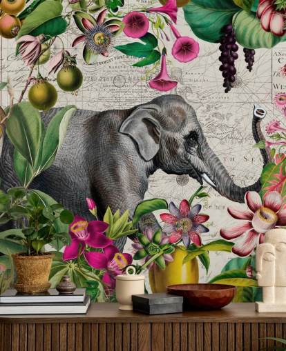 Light gray background with vibrant green tropical leaves and birds with pink flowers and a large gray elephant wallpaper