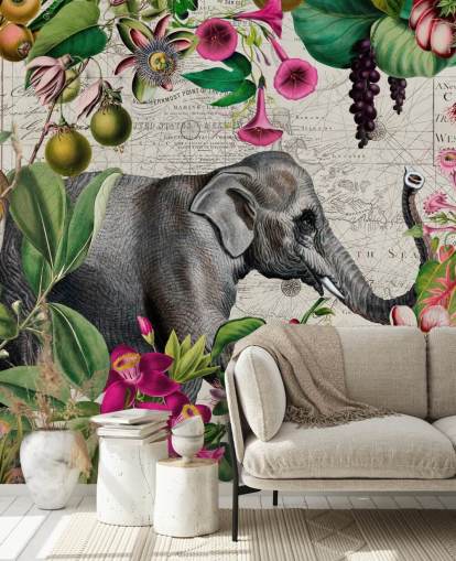 Ljusgrå bakgrund med levande gröna tropiska blad och fåglar med rosa blommor och en stor grå elefant tapet