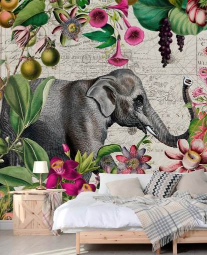 Ljusgrå bakgrund med levande gröna tropiska blad och fåglar med rosa blommor och en stor grå elefant tapet Ljusgrå bakgrund med levande gröna tropiska blad och fåglar med rosa blommor och en stor grå elefant tapet