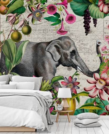 Fundo cinza claro com folhas tropicais verdes vibrantes e pássaros com flores rosa e um grande papel de parede de elefante cinza