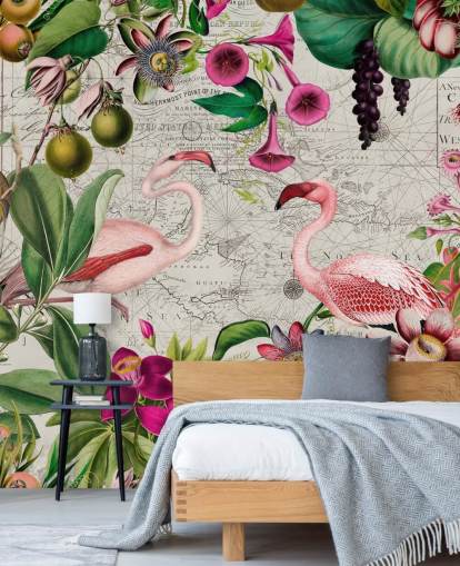 Light grey background with vibrant green tropical leaves, pink flowers and pink flamingos wallpaper