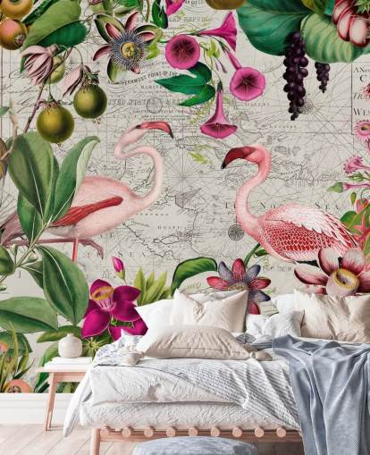 Light gray background with vibrant green tropical leaves, pink flowers and pink flamingos wallpaper