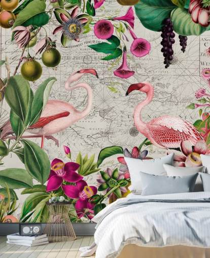 Light gray background with vibrant green tropical leaves, pink flowers and pink flamingos wallpaper