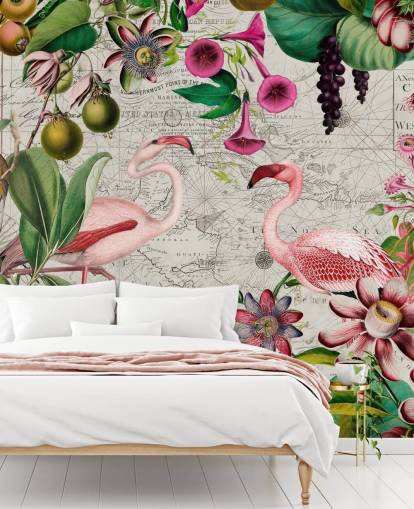 Ljusgrå bakgrund med levande gröna tropiska blad, rosa blommor och rosa flamingos tapet