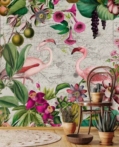 Lichtgrijze achtergrond met levendige groene tropische bladeren, roze bloemen en roze flamingobehang Lichtgrijze achtergrond met levendige groene tropische bladeren, roze bloemen en roze flamingobehang