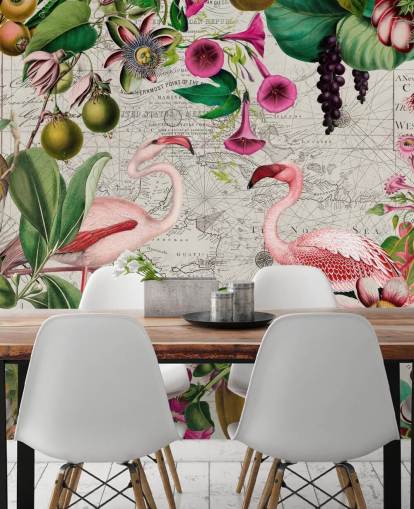 Fond gris clair avec des feuilles tropicales vertes éclatantes, des fleurs roses et des flamants roses Fond gris clair avec des feuilles tropicales vertes éclatantes, des fleurs roses et des flamants roses