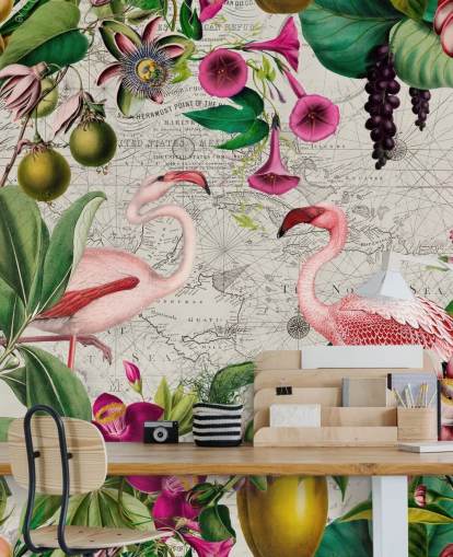 Fond gris clair avec des feuilles tropicales vertes éclatantes, des fleurs roses et des flamants roses