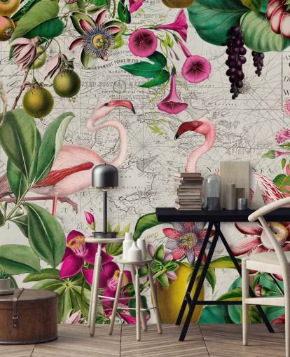 Ljusgrå bakgrund med levande gröna tropiska blad, rosa blommor och rosa flamingos tapet